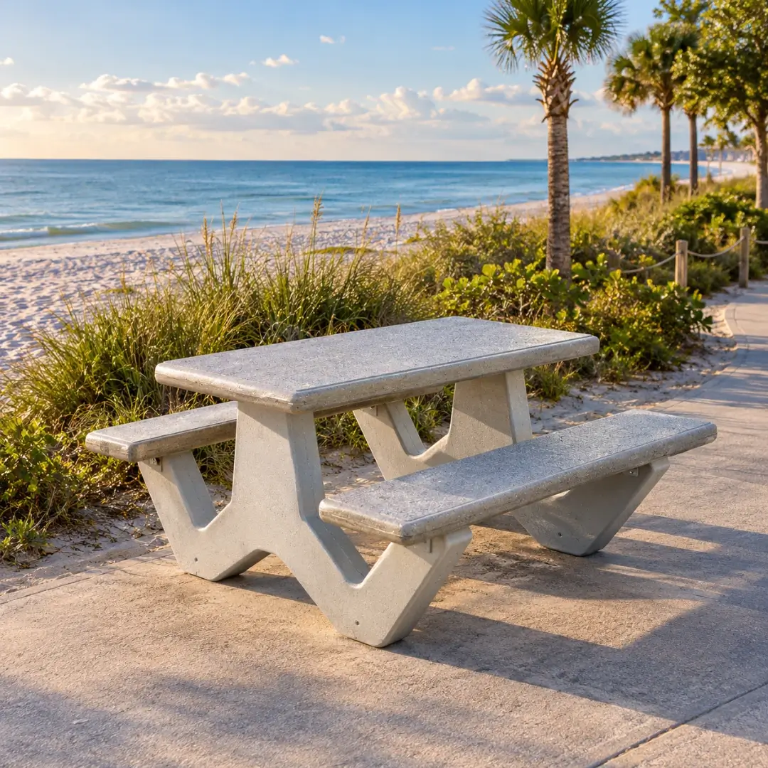 Commercial concrete picnic table with attached benches overlooking a sandy beach lined with palm trees.